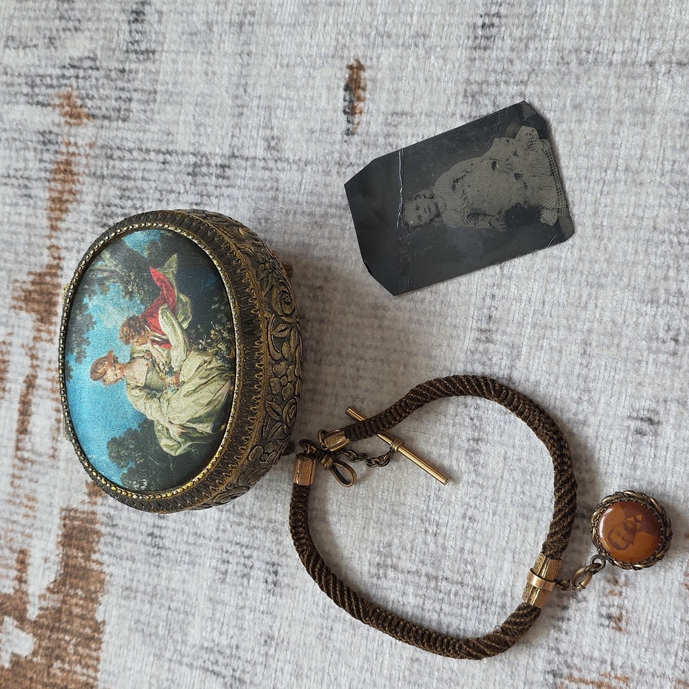 Antique Japan Trinket Box Silk Boucher Landscape Tintype Hair Mourning Chain - Picture 1 of 16